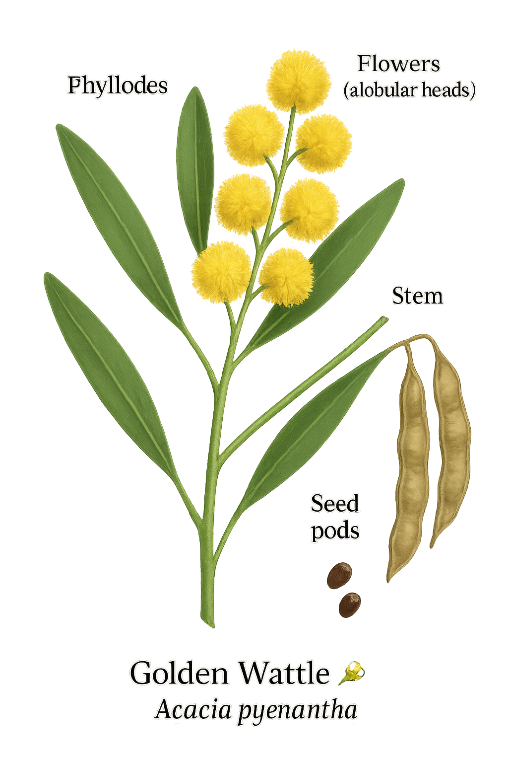Acacia pycnantha botanical illustration
