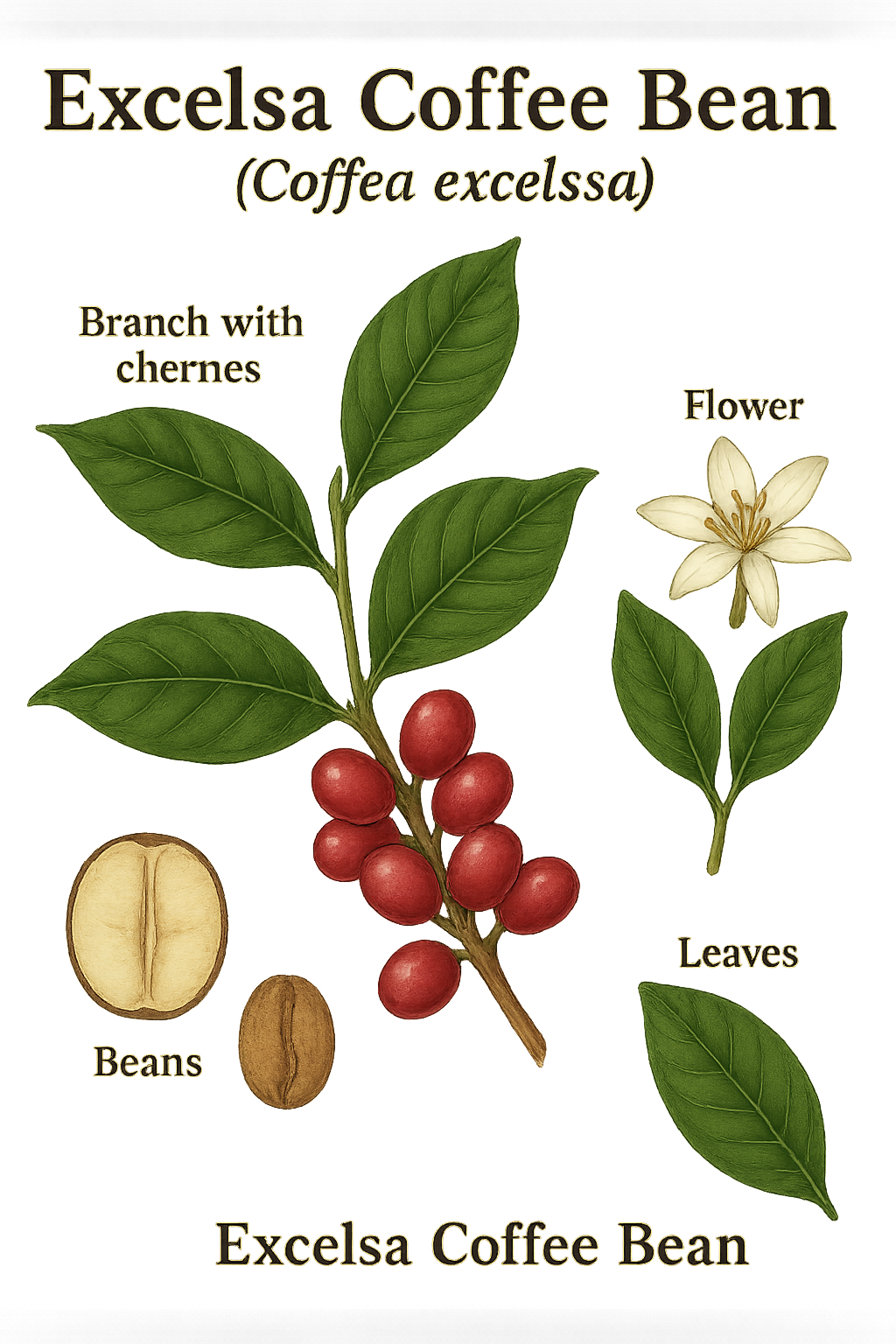 Excelsa Coffee Bean botanical illustration